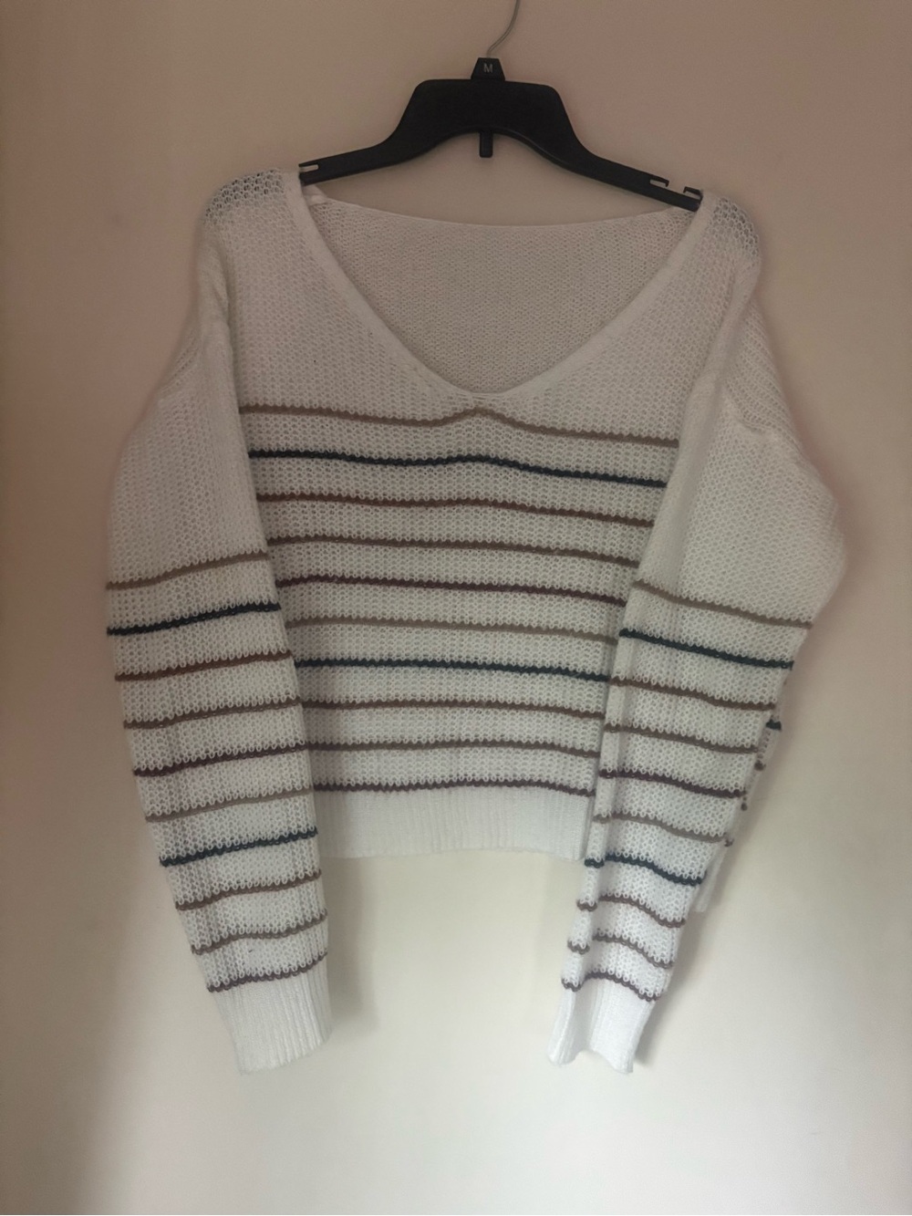SHEIN White V-Neck Striped Knit Sweater with Brown and Navy Accents
